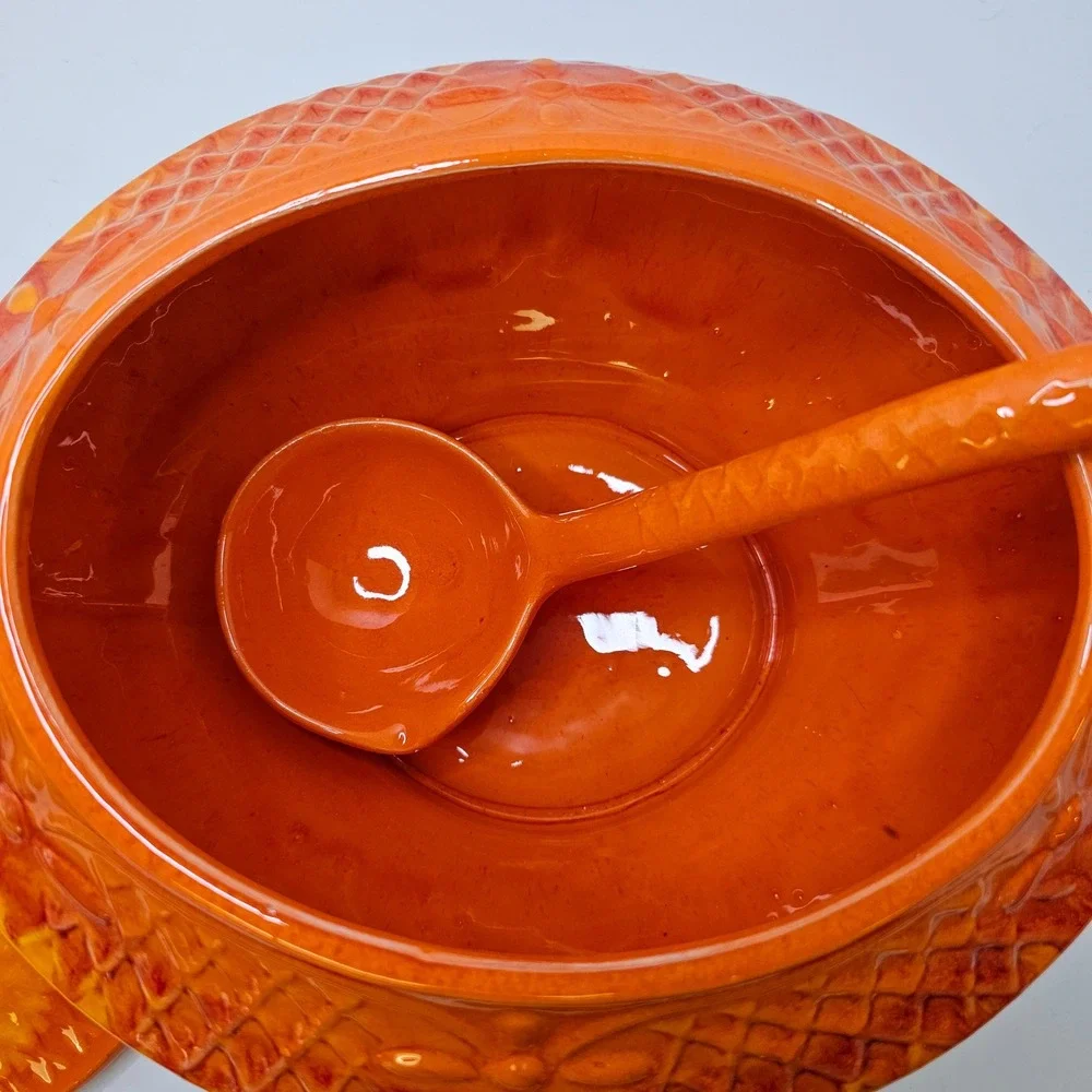 Vintage Orange Red Drip Glaze Ceramic Soup Tureen with Lid and Ladle 3pc Set MCM